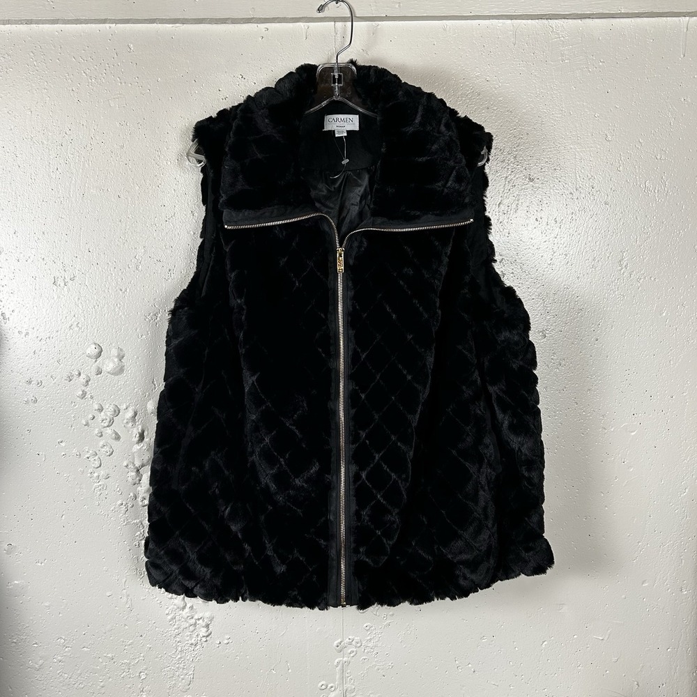 Faux Fur Vest  Black Quilted Gold Zipper NWOT 1X